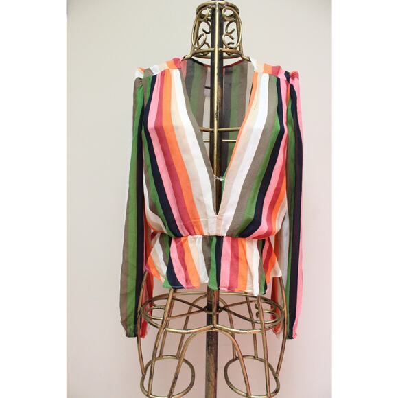 Reformation Camilla Striped Colorful Ruffle Peplum Low Cut Top Blouse Medium - Picture 2 of 5